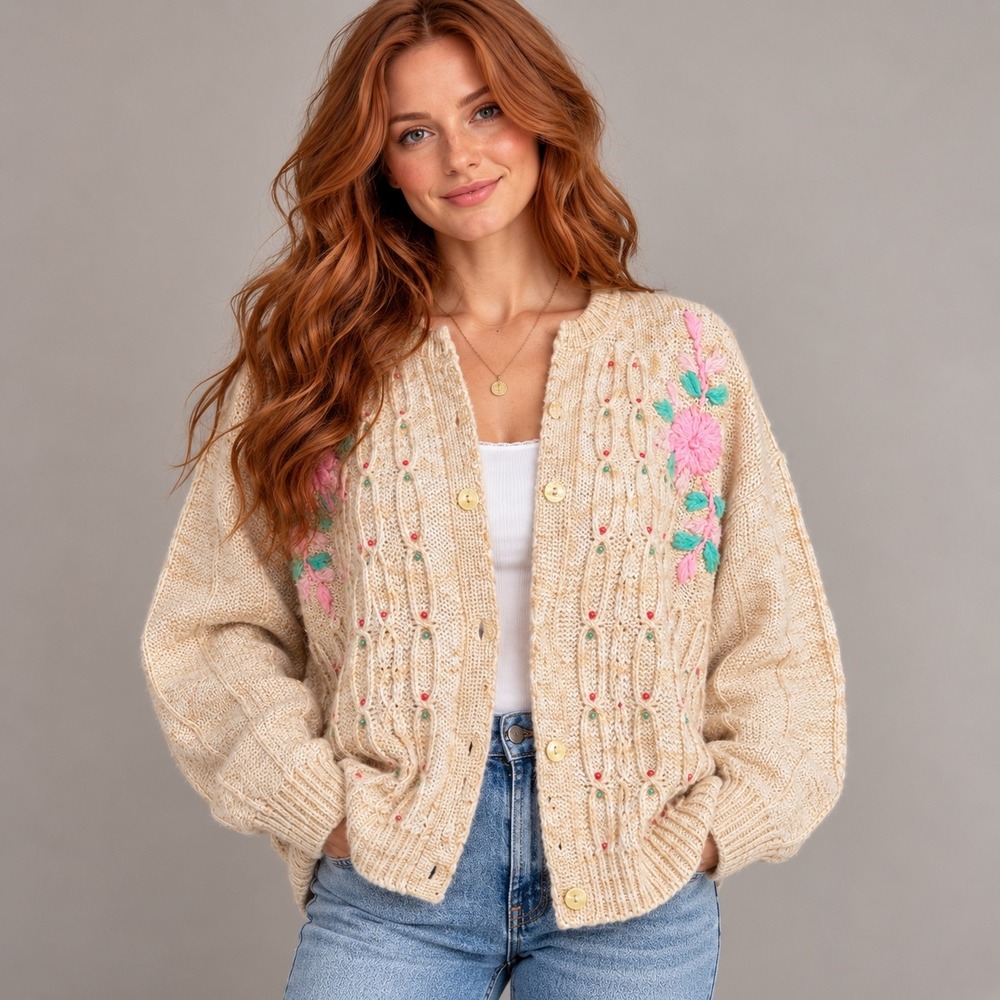Magic R.V. Oswal Floral Embroidered Beaded Knit Cardigan Oversized Cottagecore